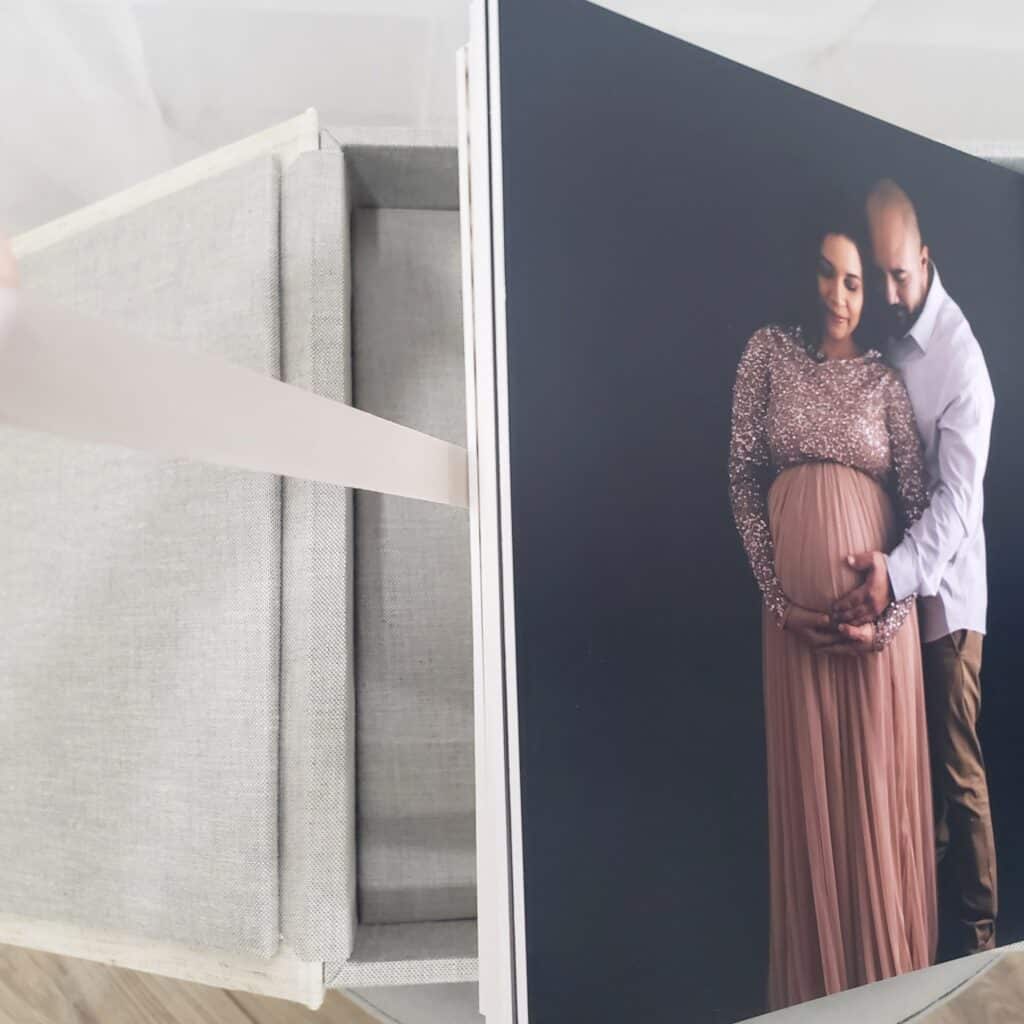 utah county maternity photographer folio box with maternity photo on top