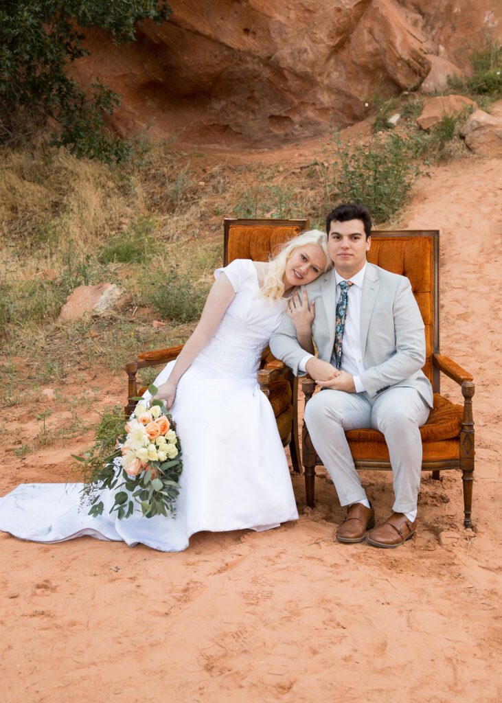 bride and groom in red rock canyon