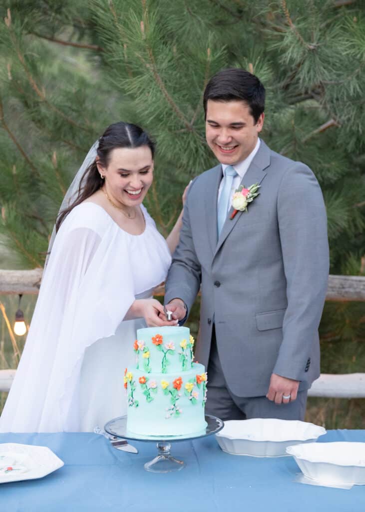 bride and groom cutting cake