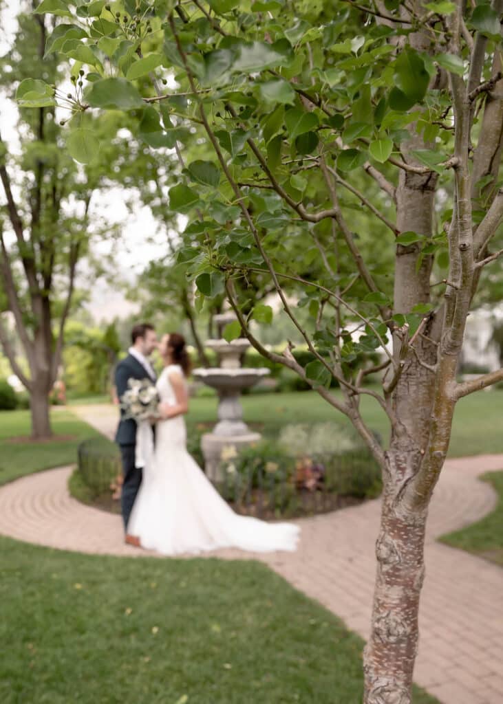 bride and groom blurred in the background of a tree