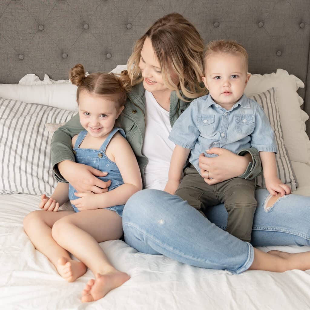 this mom and her kids followed the client education and dressed to impress in their jeans and light green outfits