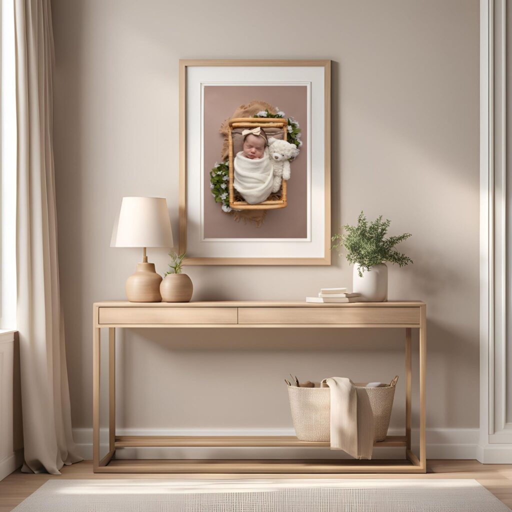 why print your photos adorable pink themed baby portrait in a frame in the hallway